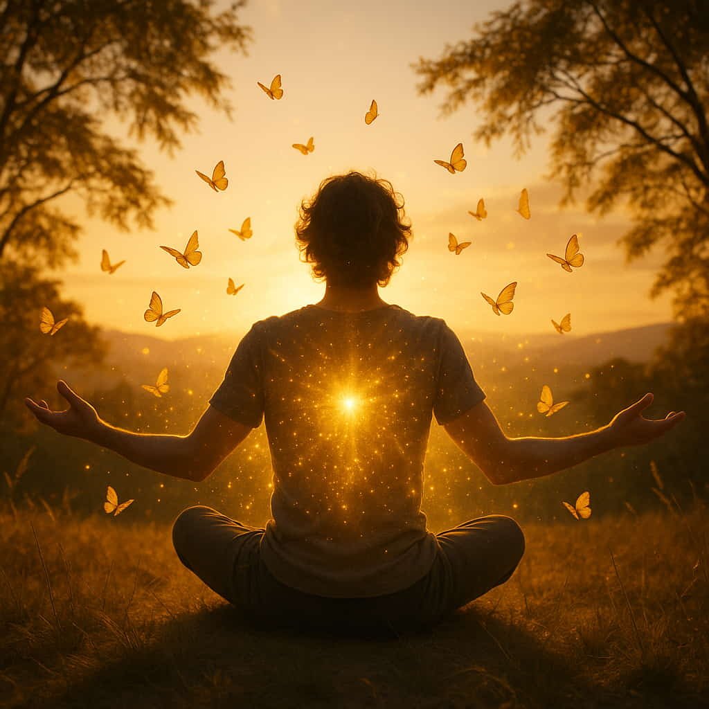 Person practicing spiritual surrender meditation with golden light, symbolizing letting go and mindfulness transformation